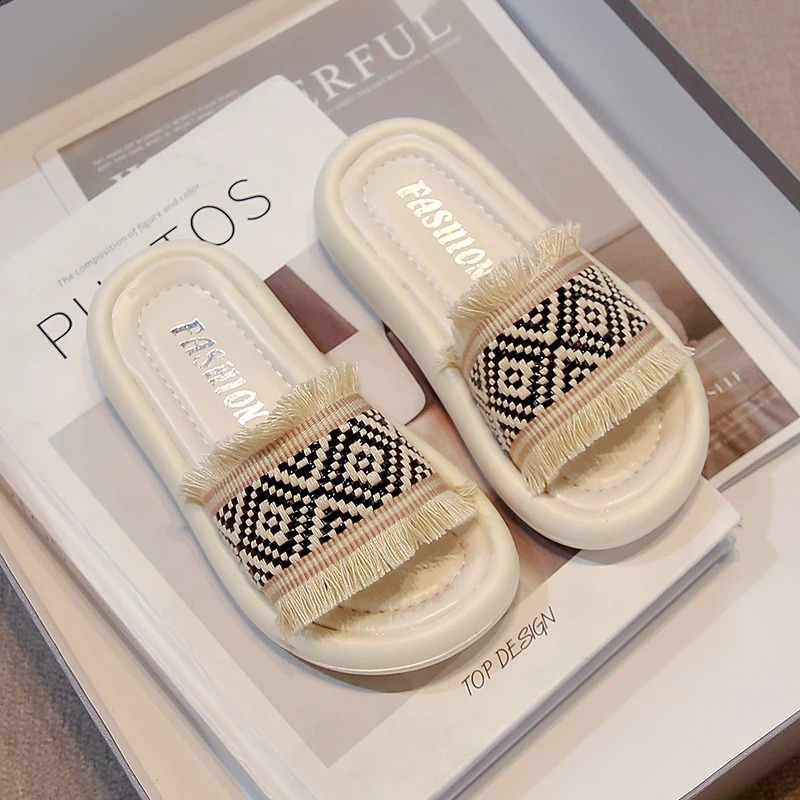 Girls Slippers Platform Bohemia Style Braided Tassel Kids Summer Sandals Leisure Vacation Trendy Slip-on Children Sliders 26-36 250318