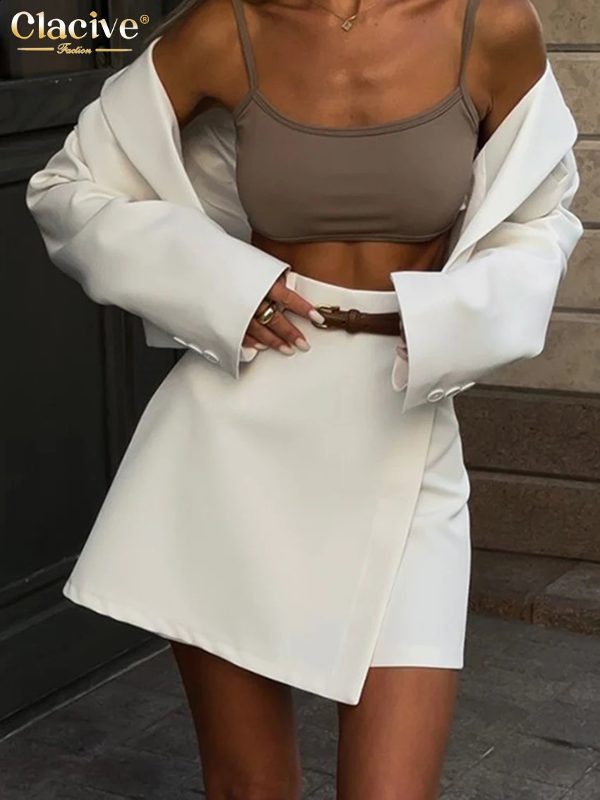 Clacive Fashion Loose White Office Skirts Sets For Women 2 Pieces Elegant Long Sleeve Crop Shirt With High Waist Mini Skirt Set 250319