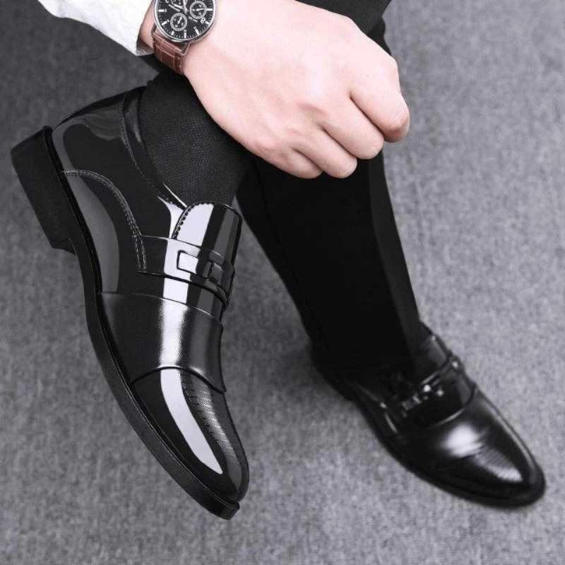 Fi black PU leather shoes slip formal mens shoes Plus size pointtoe wedding shoes mens elegant business casual shoesXJ250319