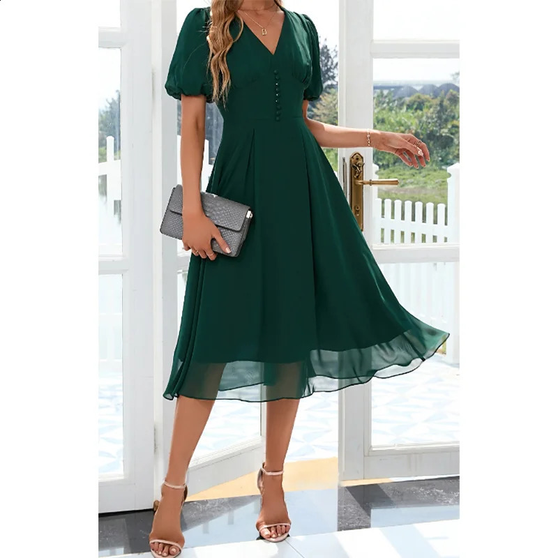 Womens plus size fashionable dress Vneck elegant Aline chiffon midi lantern sleeves casual party Vestidos 250319