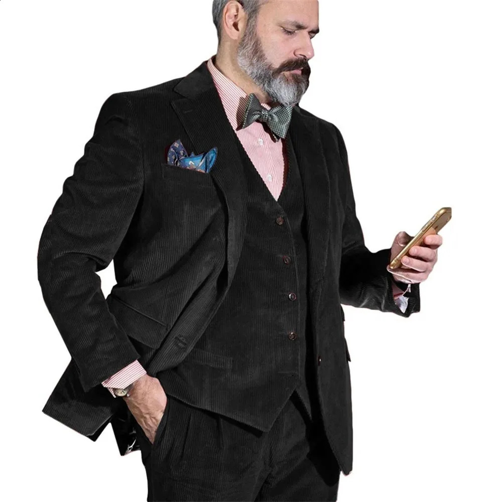 Elegant Men Suit Sets Fashion Corduroy Blazer Vest Pants 3 Pieces Wedding Party Groomsman Tailormade Slim Fit Formal Costumes 250311