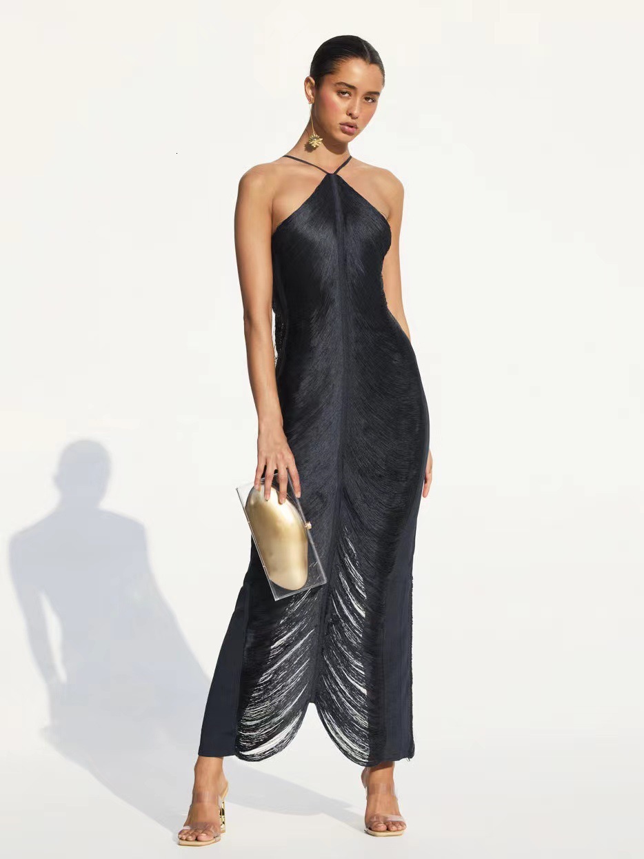 GY2398 Fashion Tassel Back Split Hanging Neck Dress