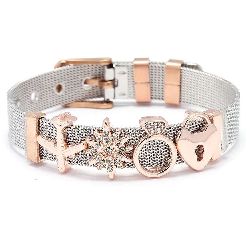 Jewelry Rose Gold Color Mesh Keeper Bracelets With Crystal Star Slide Charms Bracelets for Women Corple Gift