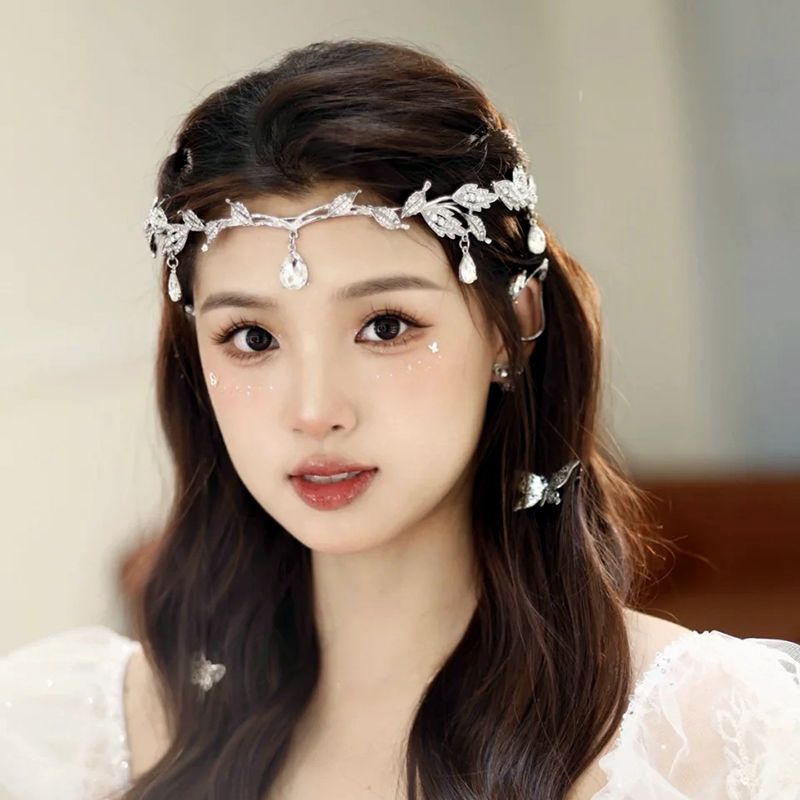Boho Chic Alloy Leaf Headpiece with Dangling Crystals for Ladies Elegant Elven Accessory