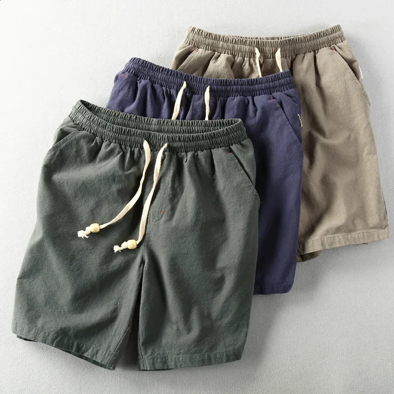 Schinteon Summer Men Casual Cotton Linen Shorts Knee Length Beach Elastic Waist Shorts Solid Color Comfortable Pants 250317