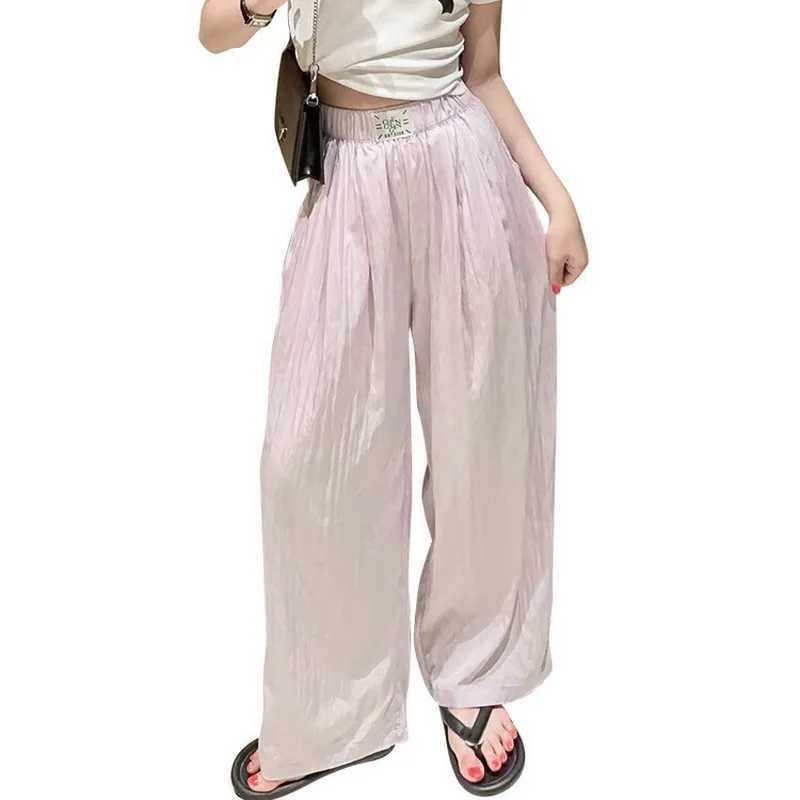 Summer Ice Silk Girls Mosquito Control Panst Kids 2025 Casual Solid Trouser Childrens Stretch Waist Wide Leg PantsT250318