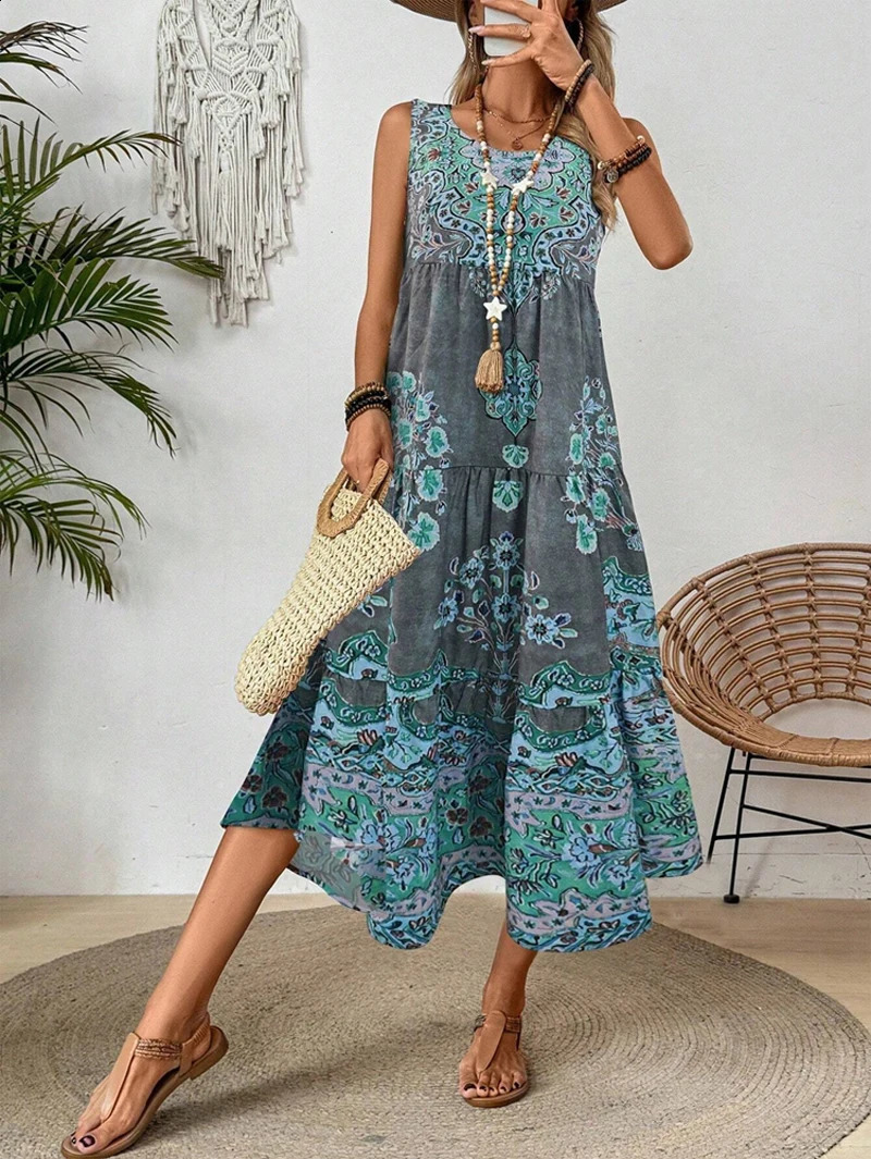 Summer printed collarless womens clothing suitable for leisure or beach suitable for holidays and long vacations 250317