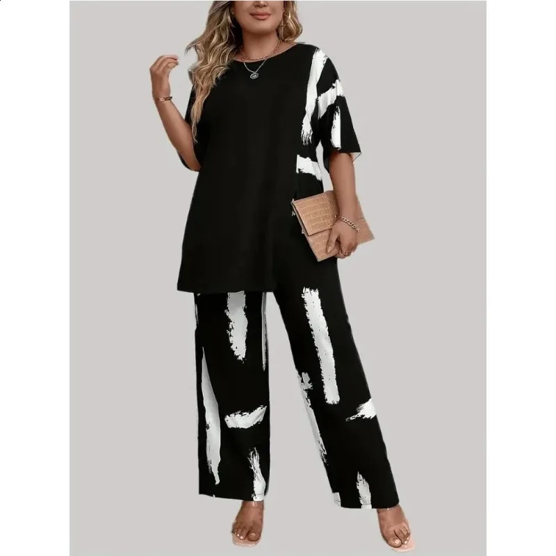Plus Size Womens Brush Print Elegance Short Sleeve Round Neck Split Top Matching Pants 2 Piece Outfit Set 250318