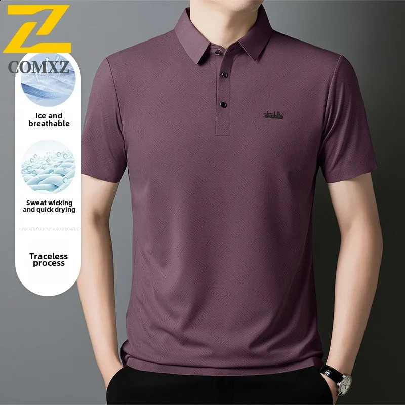 High quality ice silk mens shirt with fashionable printed comfortable and breathable elastic top casual lapel polo shirt 250317