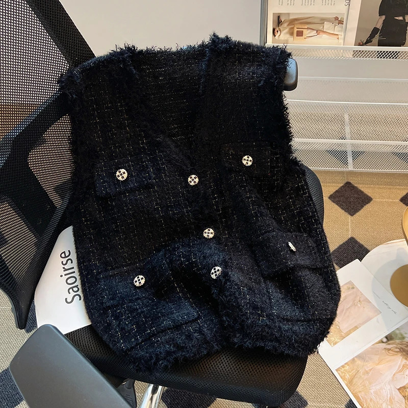 Sparkling knitted Ves soft fuzzy buttons pockets sleeveless plain jacket autumn and winter set 250319