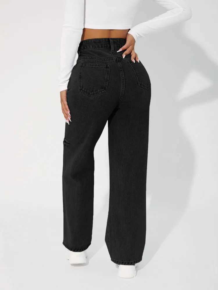 Denimcolab high waisted straight pants fashionable hole knee jeans womens loose boyfriend jeans womens streetwearT250319