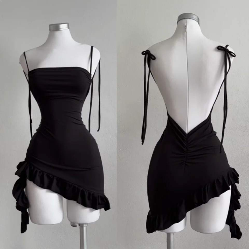 Sleeveless Backless Ruffles Mini Dress Women Summer Y2K Lace Up Black Bodycon Dresses Party Club Streetwear 2025 Sundress 250319