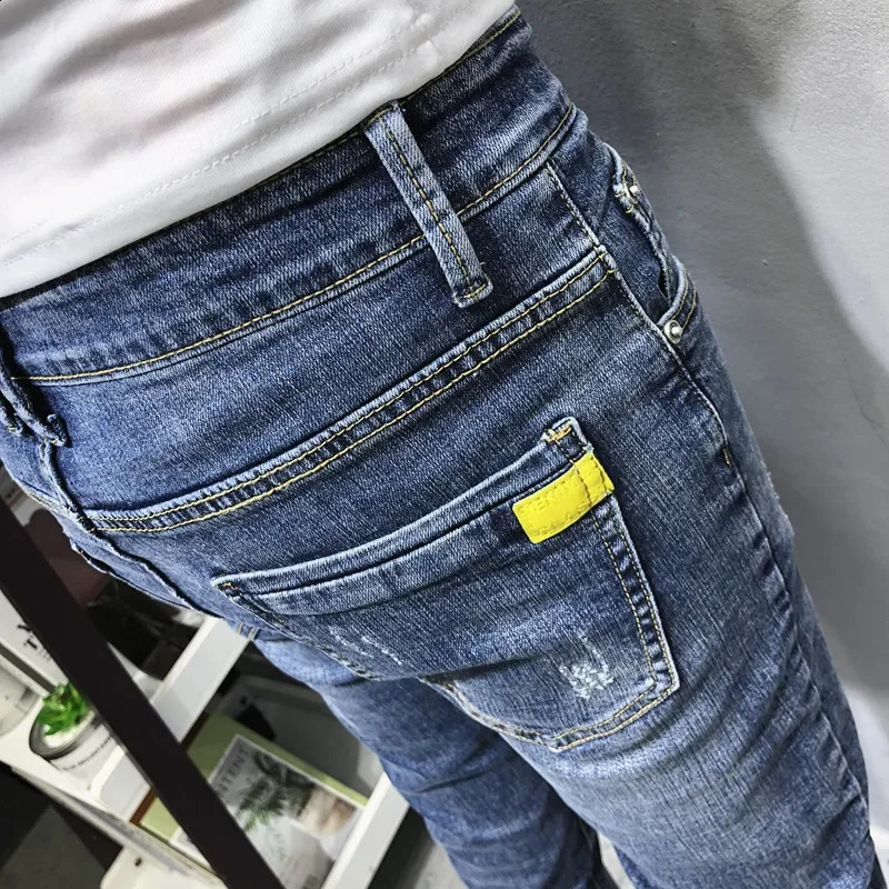 Trendy Mens Slimming Denim Jeans Springsummer Korean Style Washing Blue Tapered Pants For Social Youth 250312