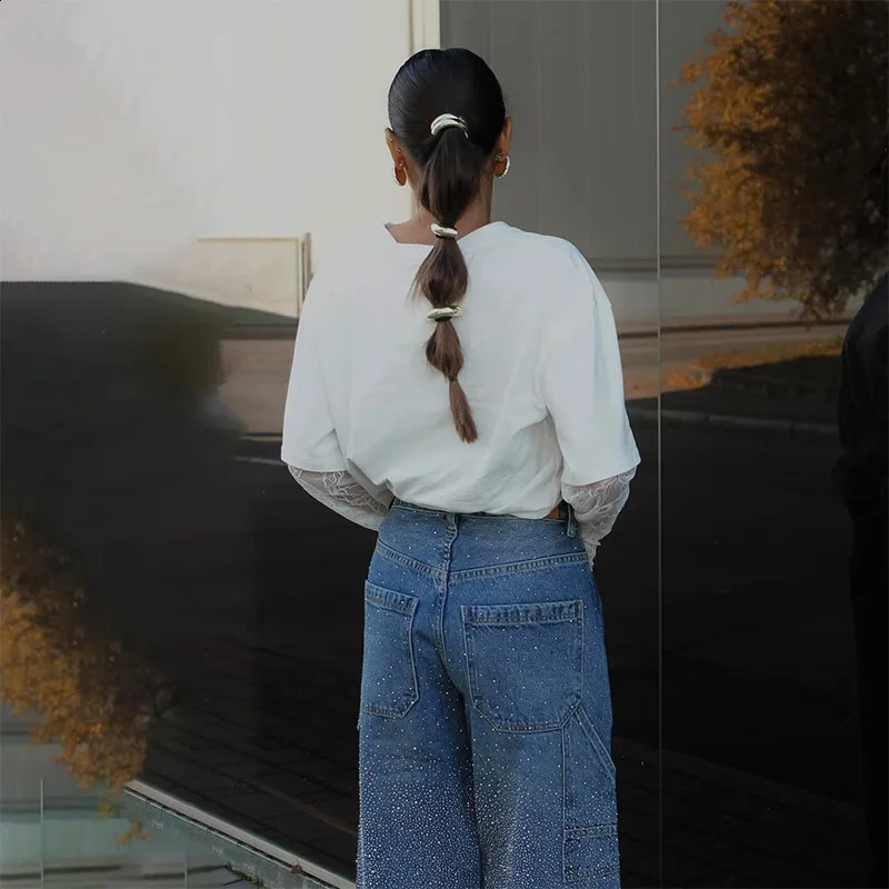 Gradient blue womens jeans with rhinestone n button high waiting for casual straight through fashion spring outfit Trouser 250317
