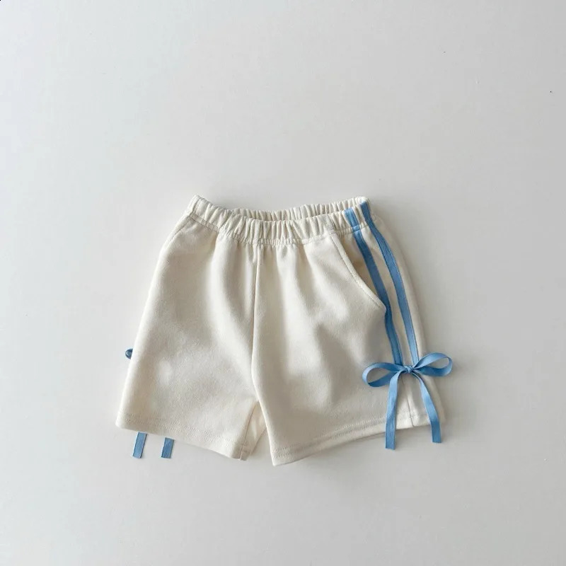 Korean Style Summer Baby Girls Sports Shorts Side Seam Stripe Bow Elastic Waist Loose Pants Casual Children Clothes A24147 250319