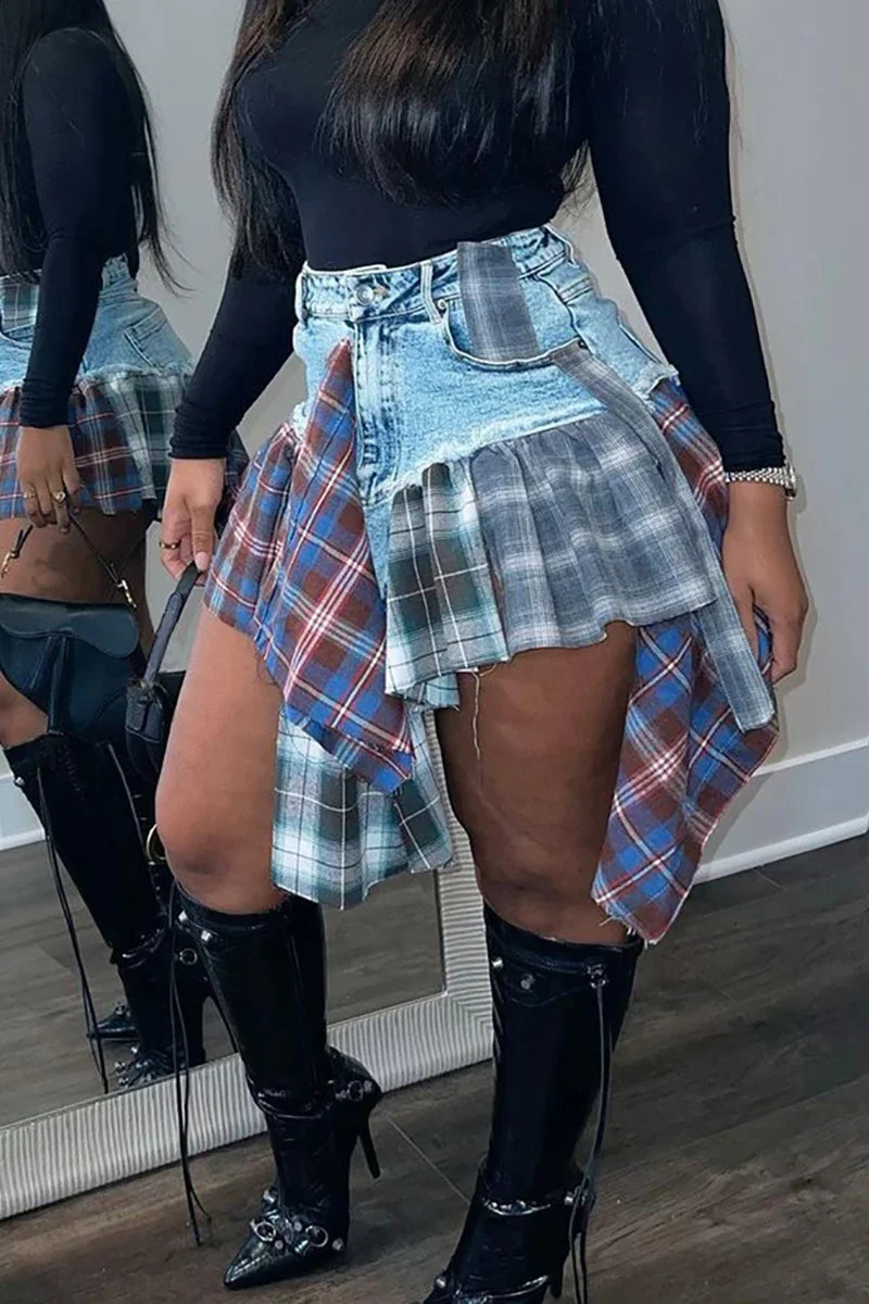 Womens Plus Size Skirt High Waist Streetwear Casual Plaid Colorblock Asymmetrical Hem Denim Mini Skirt Vintage Summer Skirts 250313