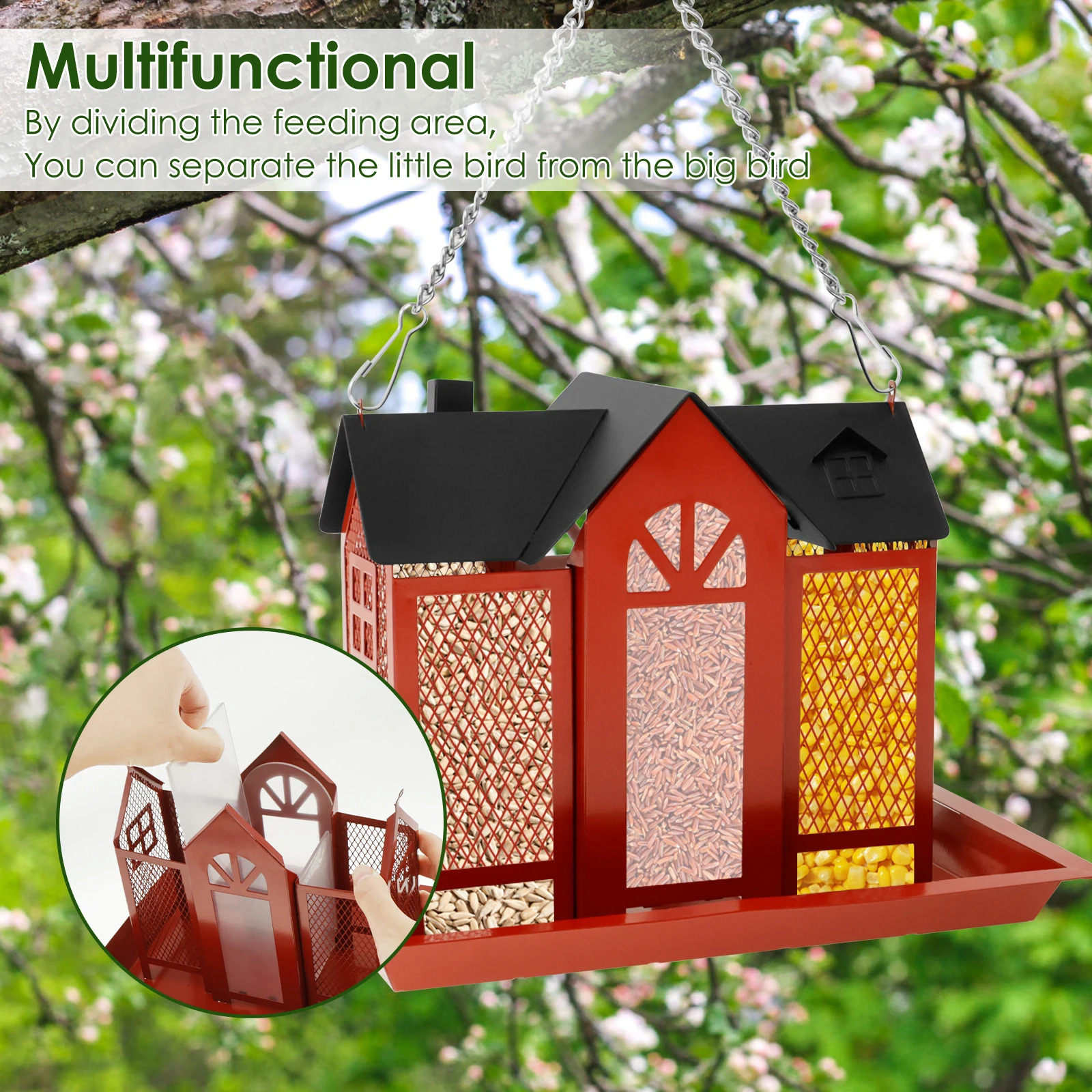 Bird feeder hanging metal bird house large capacity red multipurpose product for outdoor gardens 250318