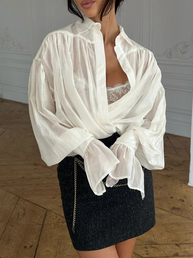 Tossy Casual Loose See-Through Shirts Womens Autumn Lapel Long Sleeve Patchwork Blouse Top Streetwear Female Solid Shirts Top 250317