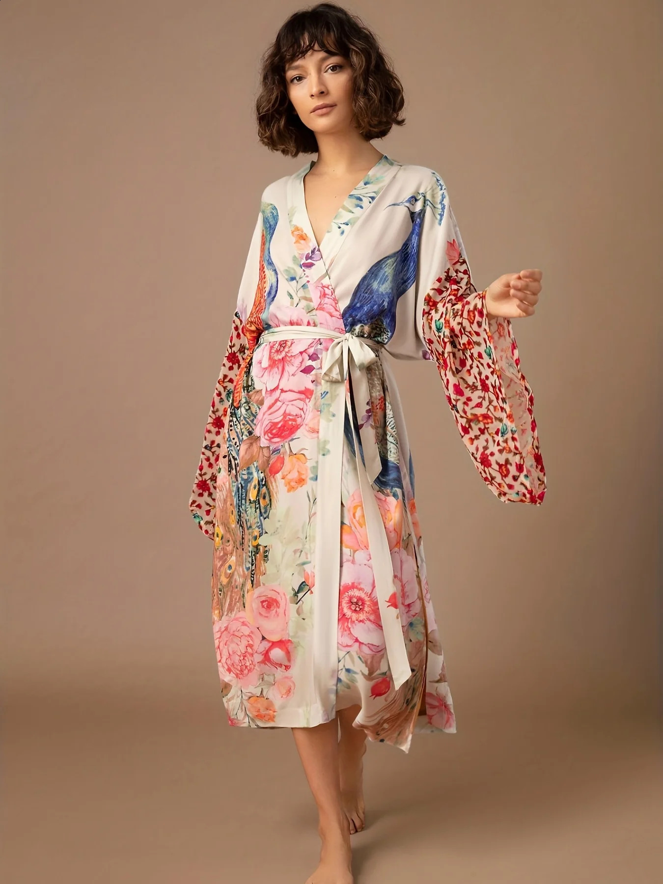 Beach Kimono for Women Peocock Printed Swimsuit Cover Up Self Belted Wrap Dresses Seaside Bathing Suits Beachwear 250319
