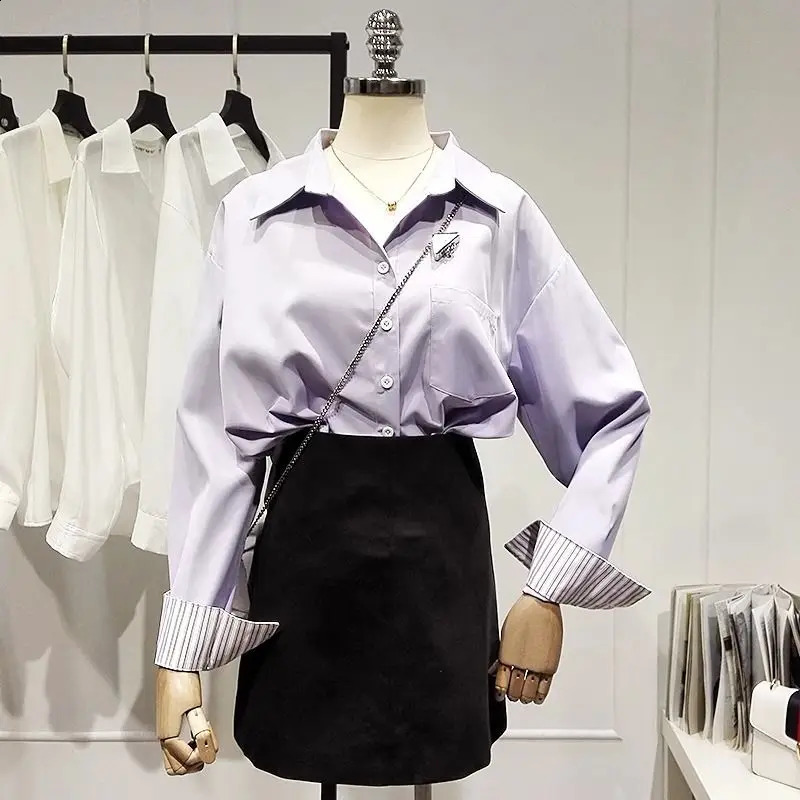 Casual fashionable elegant hem collar striped purple patchwork work long sleeved young womens loose shirt and top 250319