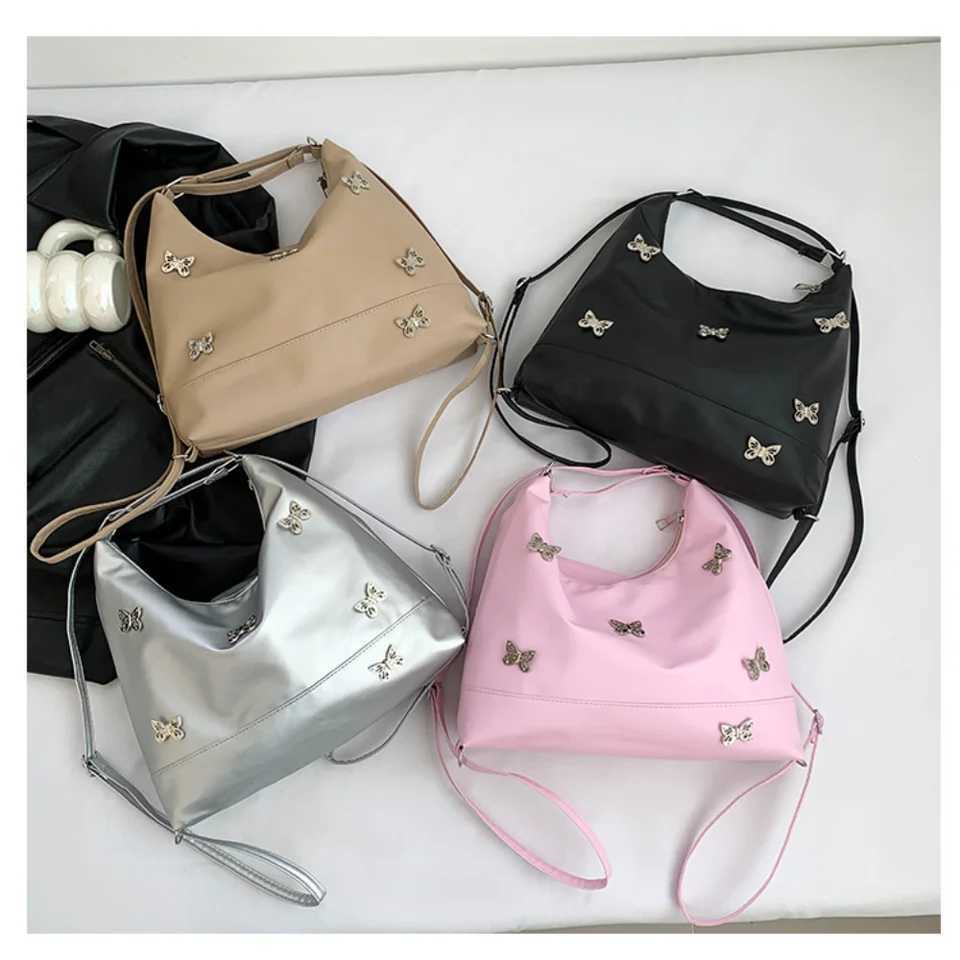 New Arrival New womens butterfly handbag fashionable underwear shoulder bag large capacity soft Pu leather retro casual Y2K silver cross body bag T250