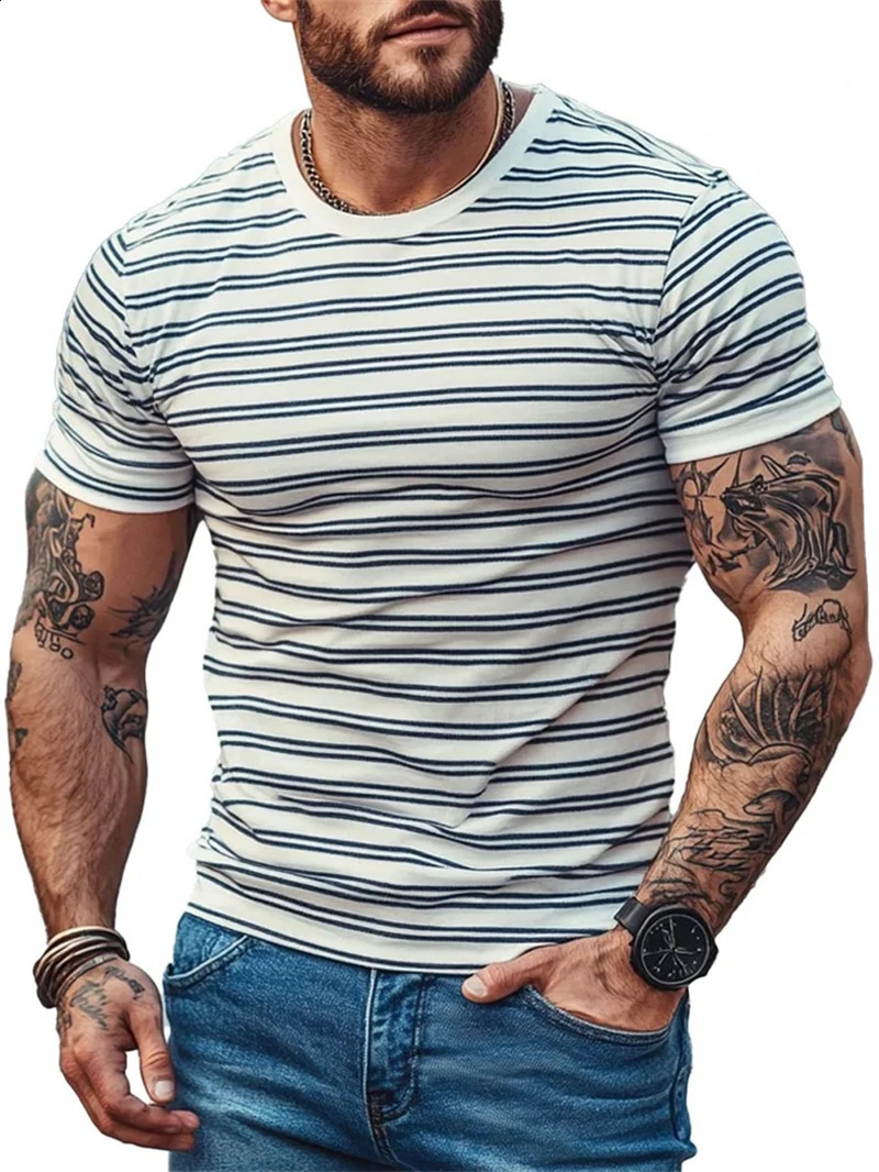 Retro striped 3D printed Tshirt summer casual short sleeved simple and fashionable Oneck mens trend street clothing oversized 250319