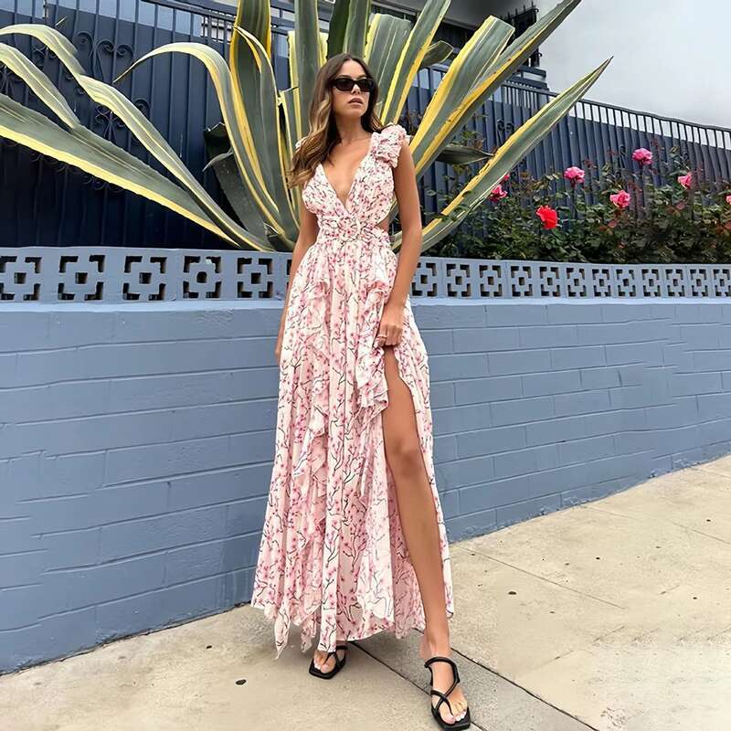 Summer Vacation Sexy Print Long Deep V-Neck Backless Slim Fit Ruffled Ral Dress