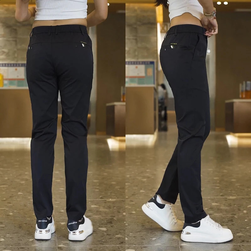 2025 Business Ice Silk Pants Straight Elastic Waist Black Grey Trouser Breathable Simple Mens Clothing Casual Set 250311