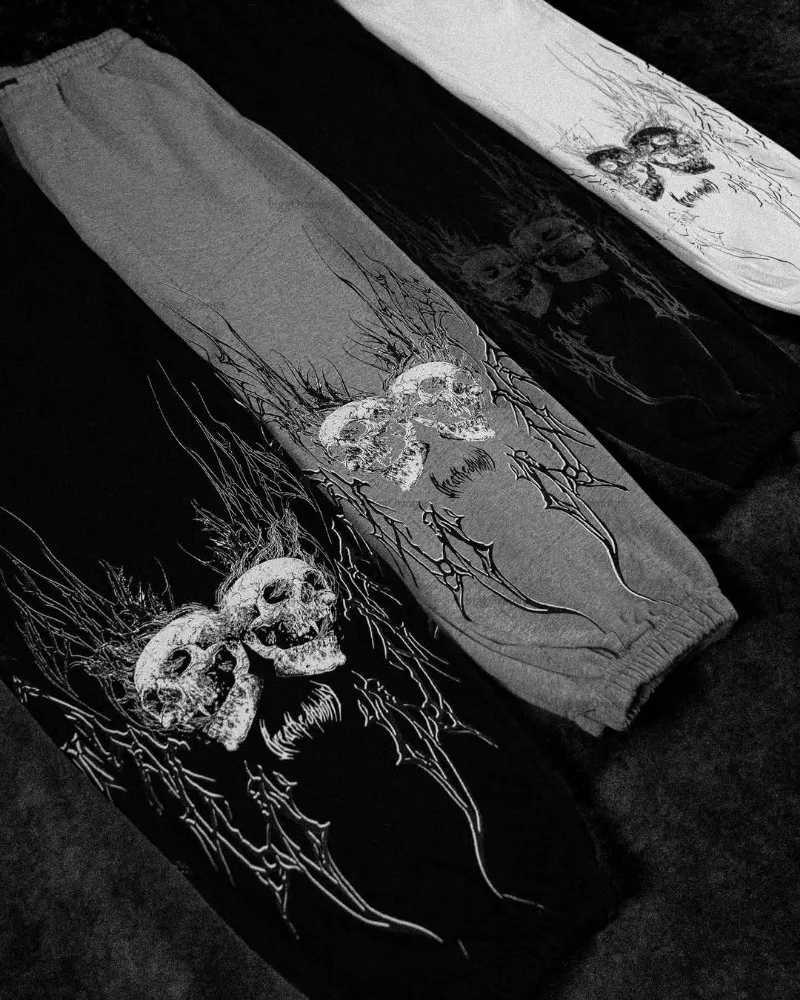 Gothic Punk Y2K Harajuku Streetwear Trousers Hip Hop Retro Skull Print Sweatpants Men Trendy Drawstring Loose Casual Sport Pants X250319