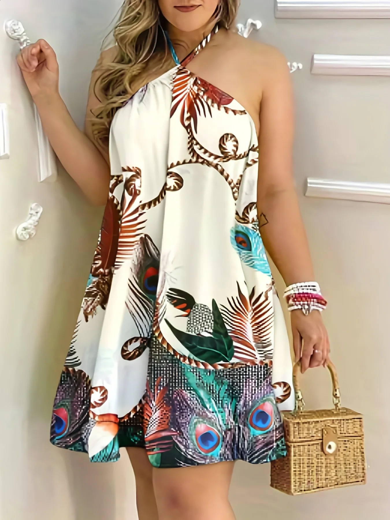 Plus Size Dresses for Woman 2023 Sexy Sleeveless Backless Mini Dress Loose Strap Collar Printed Beach Flower Vestido 250319