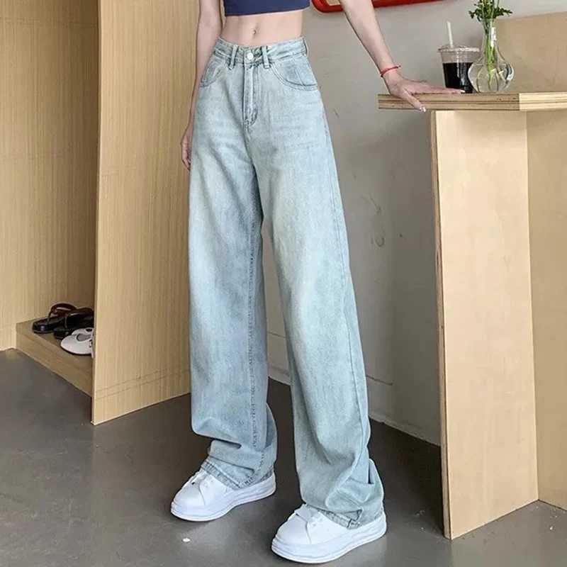 INS Distress Washed High Waist Loose Straight Leg Jeans Fashion Womens Light Blue Student Straight Leg Trouser Large Size XS-2XLT250319