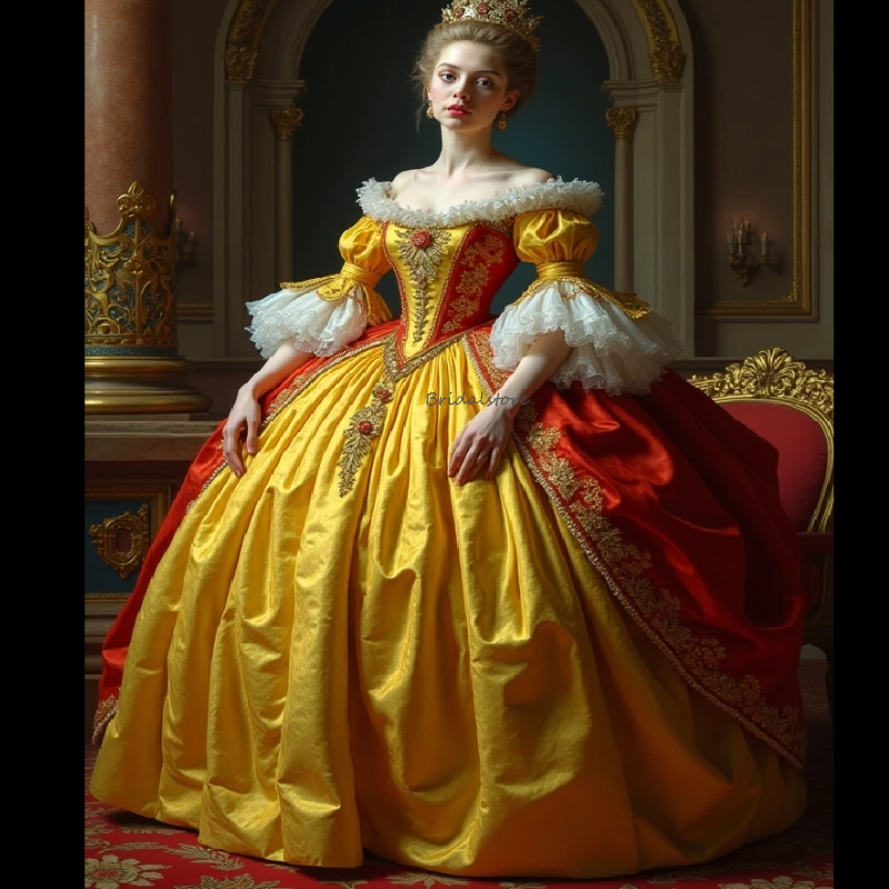 Vintage Renaissance Rococo Bustle Prom Dress Puffy Red And Gold Medieval Lace Evening Dress Victorian Formal Party Gowns 1580s Empire Reception Occasi