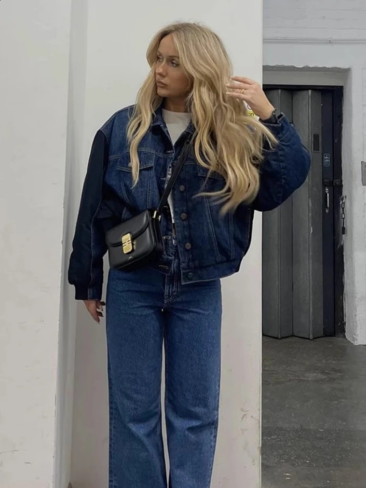 ZBZA Womens Retro Patchwork Denim Jacket with Collar Long Sleeve Single Chest Short Bomber Fashion 250319