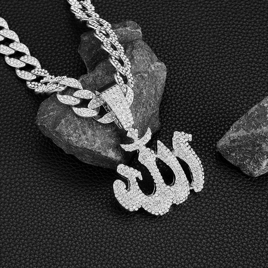 Iced Out 15mm Width Cuban Link Chain With Hip Hop Alloy And Bling Rhinestone Arabic Symbols Pendant Necklace 250313