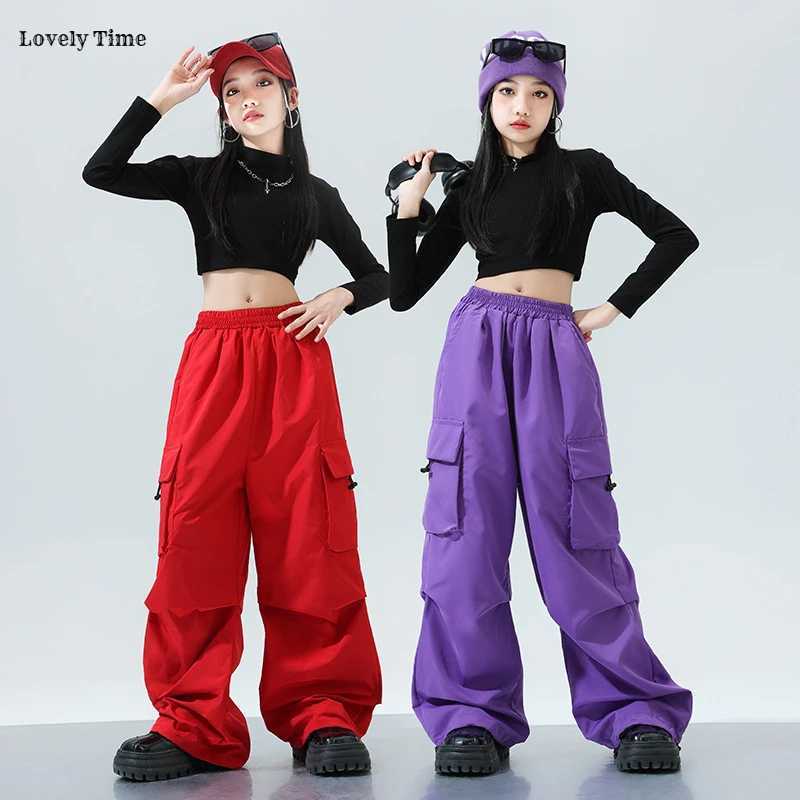 Girls K-pop Crop Top Colorful Joggers Pants Child Hip Hop Streetwear Cargo Pant Clothes Sets Kids Stage Girl Group Jazz CostumesT250318