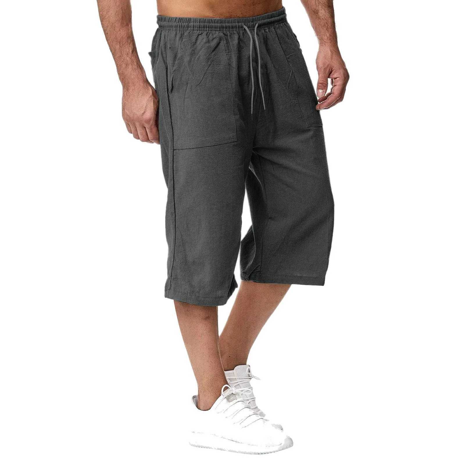 2024 Summer Mens Casual Shorts Cotton Blended Long Elastic Waist Loose Pocket Drawstring 3/4 Length Shorts Daily Street Wear W250319