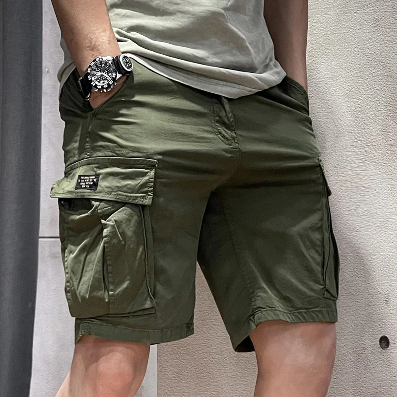 Half Mens Cargo Shorts Solid With Draw String Khaki Male Bermuda Short Pants Summer Korean Style Baggy Elastic Waist Homme Y2k 250319