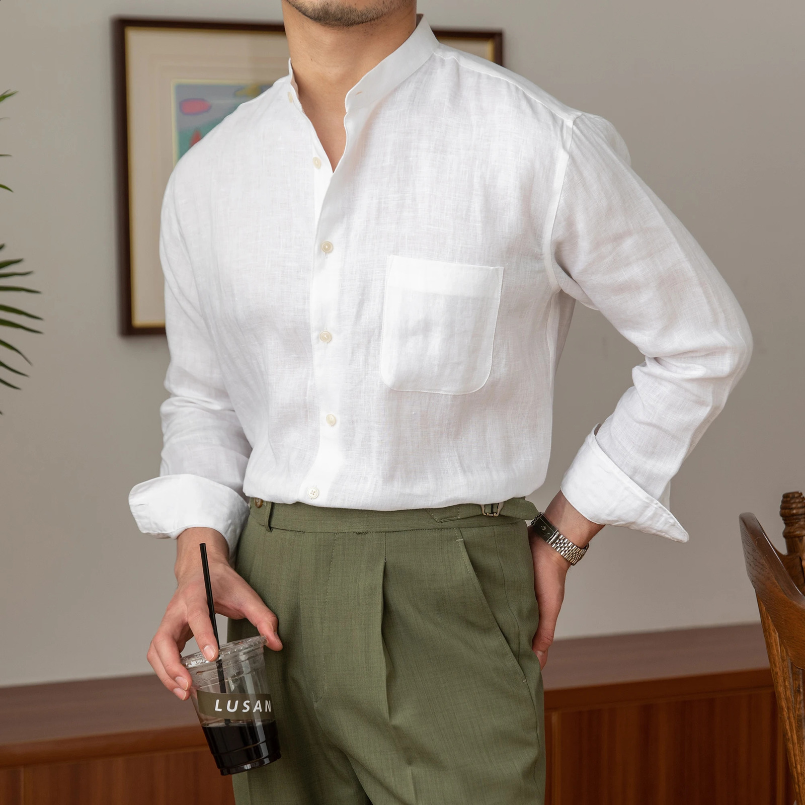 Homemade commuting lightweight mature casual breathable pure 100% linen long sleeved mens fully matched holiday collar shirt 250317
