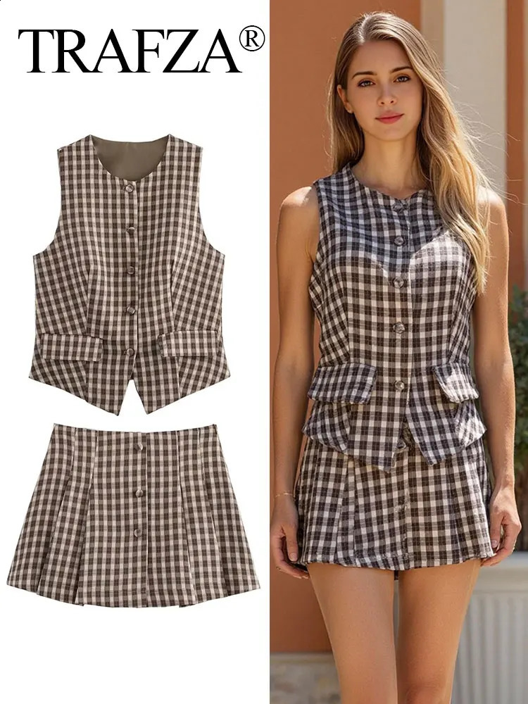 TRAFZA Plaid Short Skirts Sets For Women Summer Fashion High Street Outfit Neck Single Breasted Vest Top Mini Shorts Skirt Suit 250318