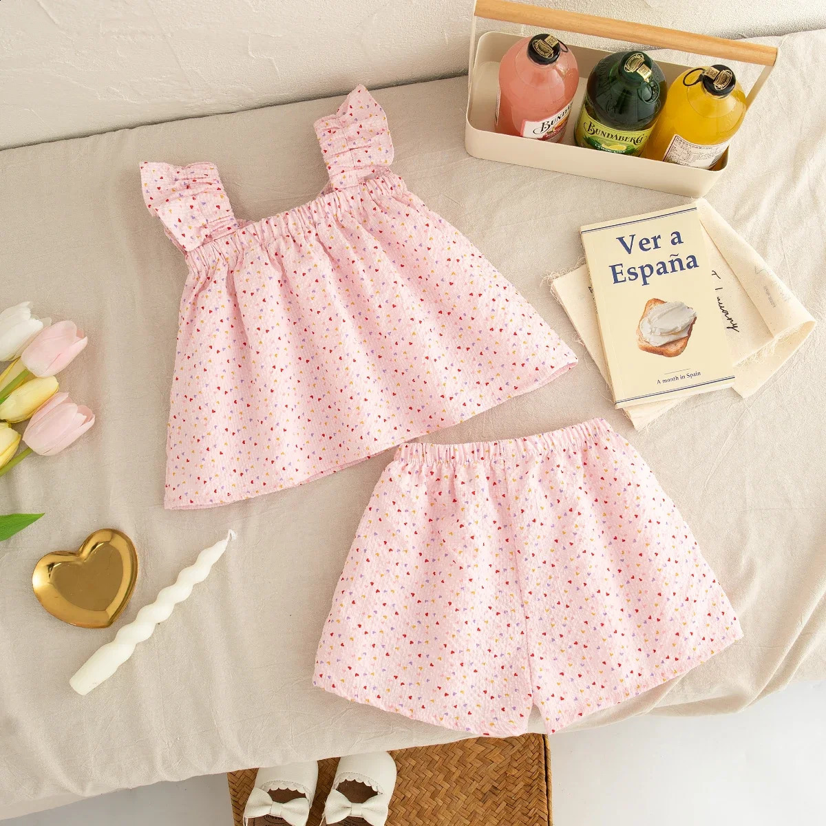 Two piece baby clothing set summer full print fly sleeves born project sweet bow girl 250319
