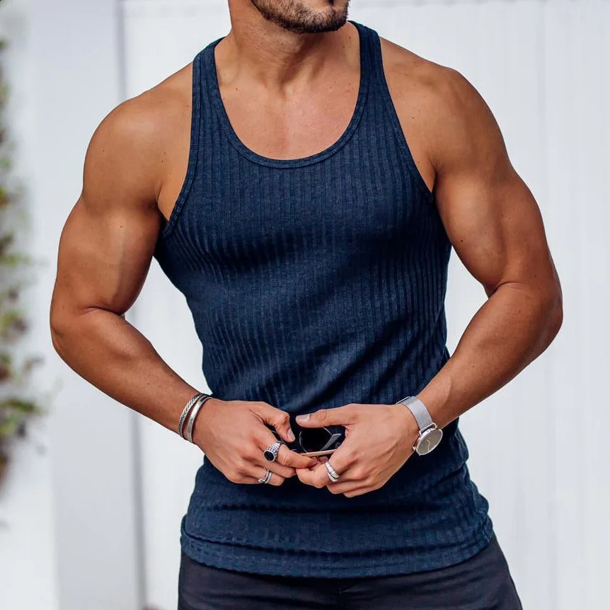 Large Size Mens Sleeveless Summer Knitted Vertical Stripe Fitness Sports Leisure Slim Mens Vest Mens L-Line Vest Mens 250319