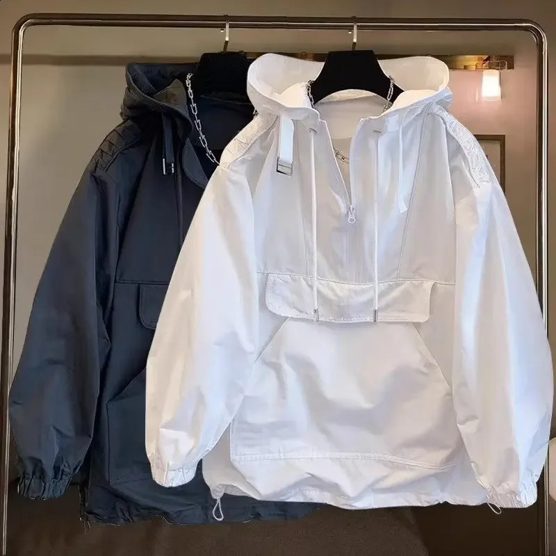 Fashion pocket workwear splicing n sexy hooded sunscreen jacket suitable for men thin style loose Flared clothing 250317
