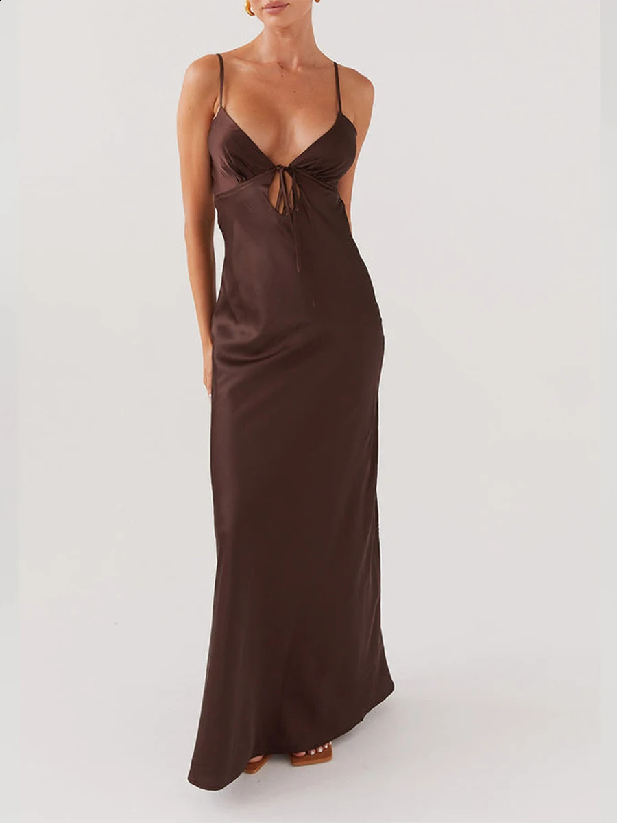 Women Satin Maxi Dress Spaghetti Strap Solid V Neck Cutout Long Dress Bodycon Backless Party Wedding Dress 250319