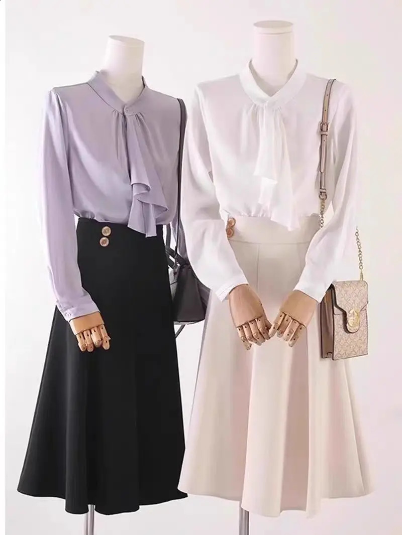 Spring and Autumn Elegant Fashion Scarf Collar Shirt Womens Long Sleeve Warm Solid Color Full Match Top Button 250319