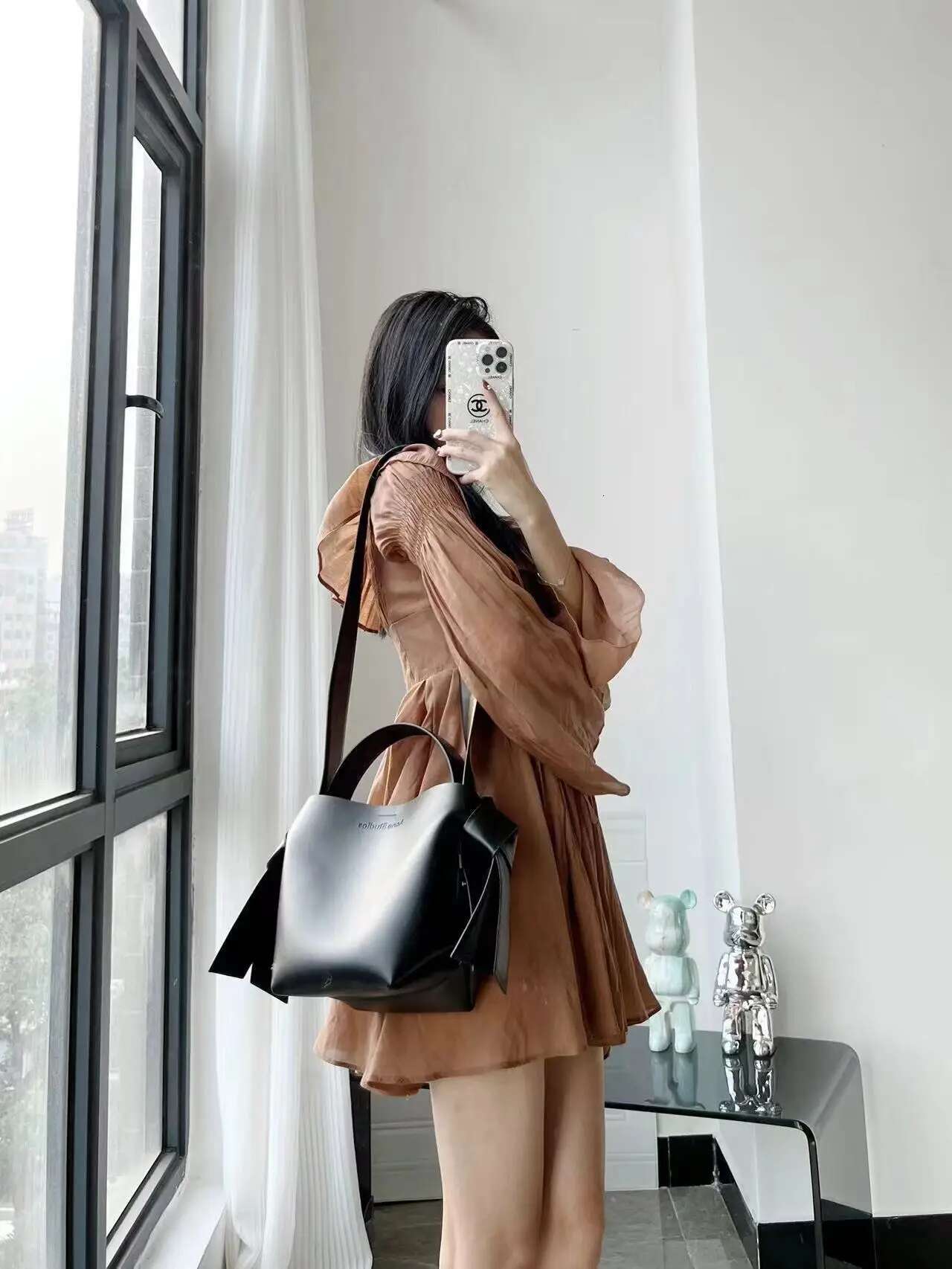 Acstudios Musubi Women's Genuine Leather Bow Commuter Simple Shoulder Crossbody Handbag Bucket Bag