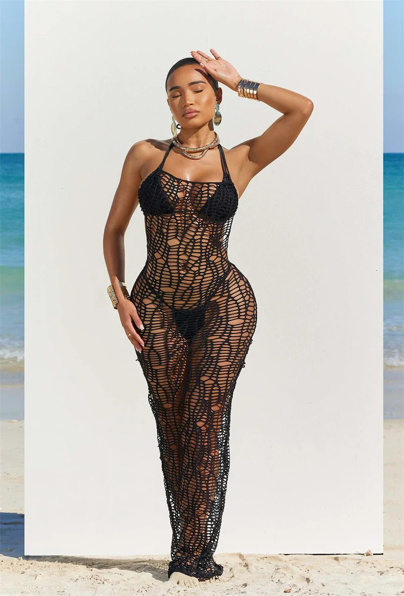 Womens 3 Pieces Sexy Beach Bikini Set Backless Hollow Out Hole Knit Long Dress Cover UpLace Up Halter Bra TopUnderwear Swimsuit 250318