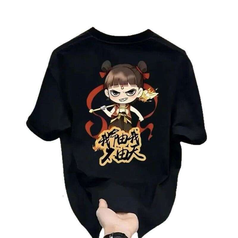 Trendy brand short sleeved T-shirt for men, slim fit cartoon Nezha print thin T-shirt, trendy clothes on top