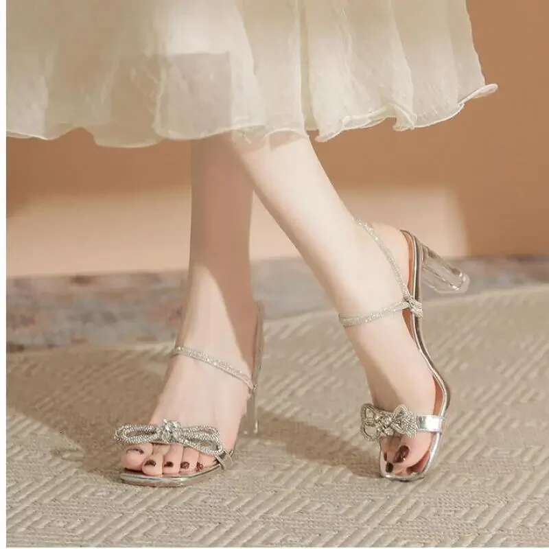 Wedge Heels Size Square Chunky Women Transparent High Heel Open Toe Summer Sandals Two Wearing Gold Sier Heels