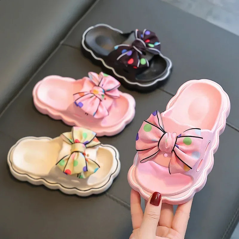 Children Summer Slippers Girls Fashion Bow Wear Resistant Open-toe Non-slip Casual Shoes Simple Kids Outdoor Platform Beach Shoe 250318