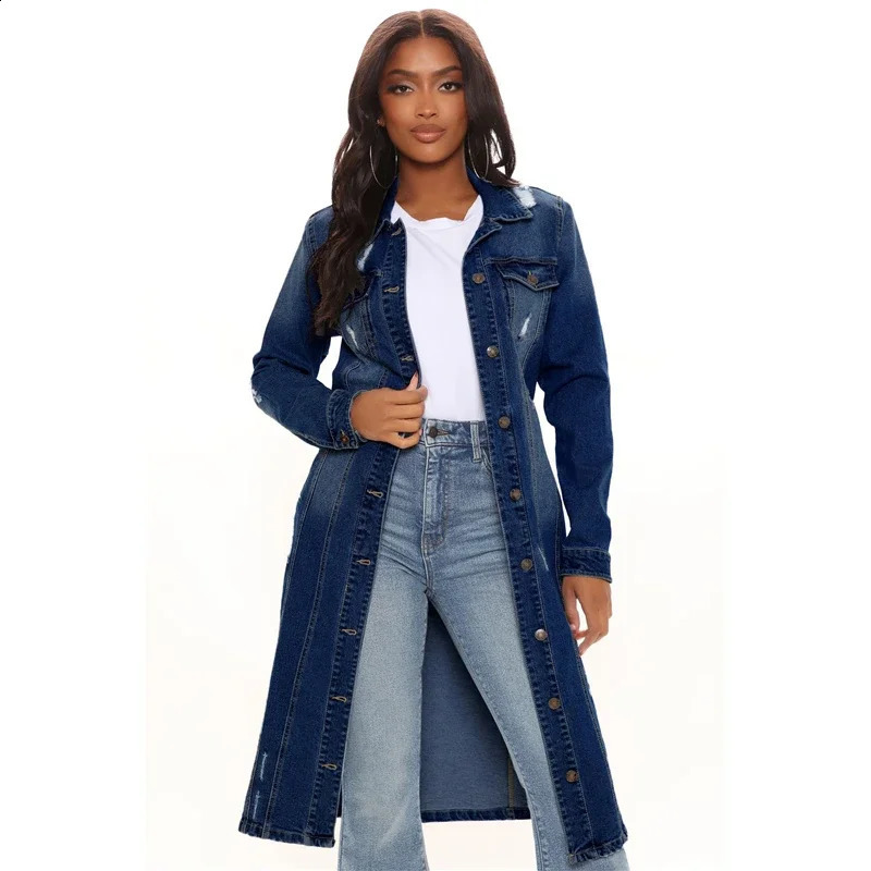 ly arrived fashion hole cotton autumn winter long denim jacket 2023 trench coat cardigan wool sweater womens sleeved jeans 250319